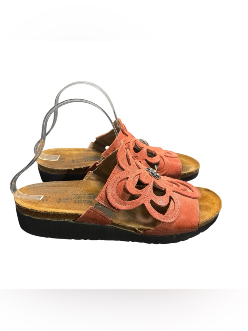 Naot Coral Orange Leather Floral Cutout Slide Sandals Platform Womens 41 L10